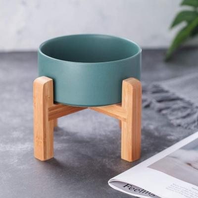 China Non-automatic Ceramic Elevated Cat Bowl With Wood Stand No Puddle Pet Food Water Feeder Small Cats Dog With Raised Bamboo for sale