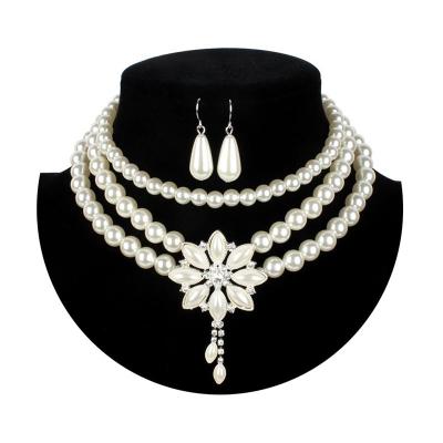 China Luxury Vintage INS Fashion Designer Full Pearl Wedding Bride Necklace Earrings Jewelry Set for sale