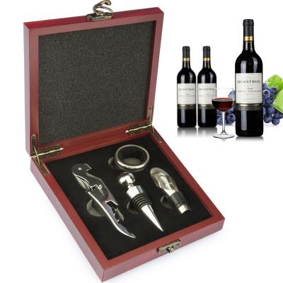 China Sustainable Square Wooden box 4 pieces wine accessory gift set wine opener set for Birthday Wedding Christmas for sale