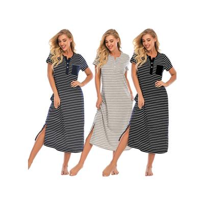 China Women Sleepwear QUICK DRY Stripe Button New Comfortable Round Loose Short Sleeve Women Sleepwear for sale