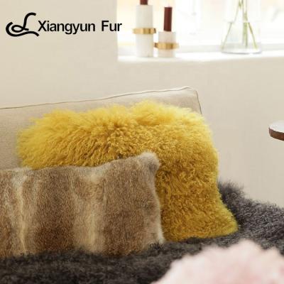 China New Pure Natural 100% Natural Curly Rectangle Fashionable Square Furniture Cushion Wool Crates Soft Rabbit Fur Pillow for sale