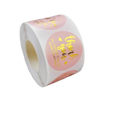 China Decorative Sticker Customize Printed 500 Pcs / Roll Round Gold Foil Pink Decor Labels Sticker Roll For Gift Seals Thank You Stickers for sale