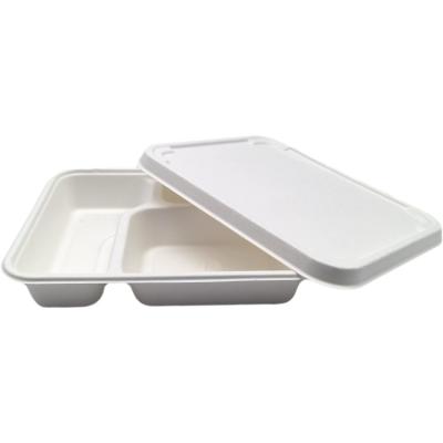 China 100% biodegradable compost within 90 days fast food Tray Sugarcane Bagasse 3 compartment food bowl with lid takeway container for sale