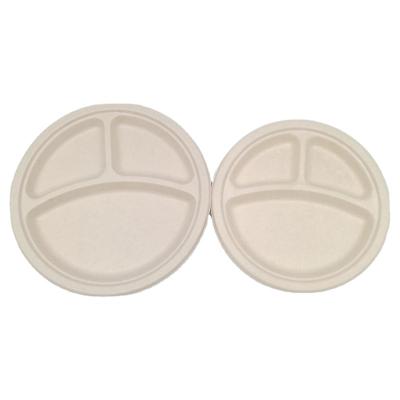 China 100% Biodegradable Disposable Compost 10 Inch 10 Inches 3 Compartment Customizable Microwavable Waterproof Biodegradable Round Eco Round Dishes for sale