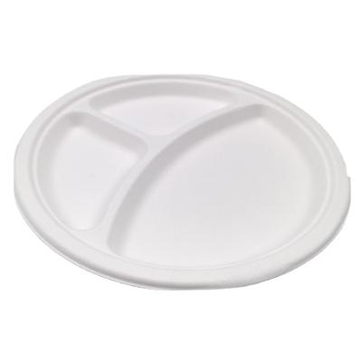 China 100% biodegradable compost within 90 days eco-friendly 100% natural sugar cane bagasse fiber 9 inch round 3 compartment heavy duty disposable dishes for sale