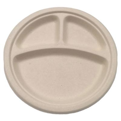 China 100% biodegradable compost within 90 days custom design 9 inch 3 compartment biodegradable sugar cane bagasse round plate for sale