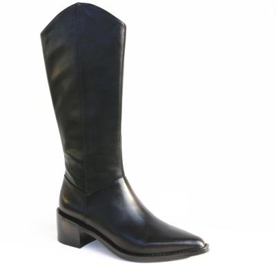 China New Fashion Middle Heel Wide Black Calf Genuine Leather Long Bootsfor Women for sale