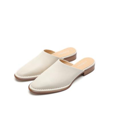 China Genuine Leather Sandals Slippers White Pointed Toe Womens Mules Low Heel Flats Shoes for sale