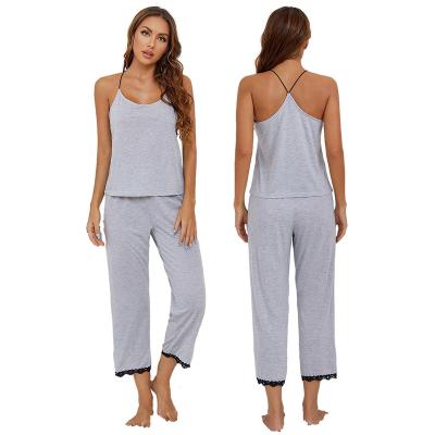 China 2021 Summer Solid Gray Color 2 Piece Capri Pants Sleepwear Korean Women QUICK DRY Camisole Sleeveless Pajamas Set For Ladies for sale