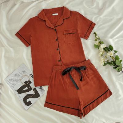 China QUICK DRY short sleeve pants hollow piyama cortas mujer women pajamas pj sets full brick red color baju tidur rayon pijamas pj sets for sale