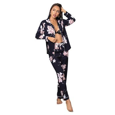 China 2021 Autumn Winter QUICK DRY Casual Long Sleeve Navy Blue Loungwear Floral Ladies Long Pajama Lounge Wears Outfits Two Piece Sets For Women for sale