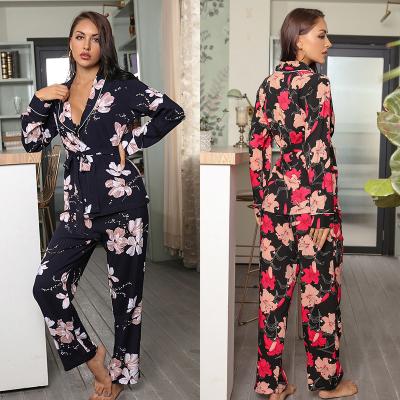 China Navy Blue Thermal Floral Print Cotton Long Sleeve Night Sleep Wear Suit Autumn Winter 2 Piece Set Robe Nightgowns Pajamas On Sale Women for sale