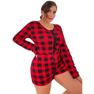 China QUICK DRY custom chrismas private label logo chrismas red plaid printed polyester knit 1 piece women night suits plus size onesie pajamas for adult for sale