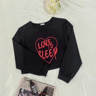 China Anti-wrinkle summer fashion black letter printed knitted polyester long sleeve T-shirt casual lounge for wear female women ladies pajama crop top for sale