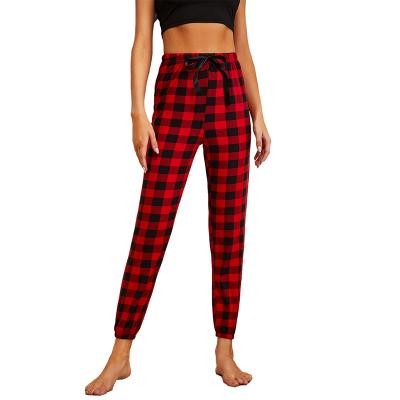 China Anti-Wrinkle 95% Polyester 5% Spandex Red Plaid Printed Casual Long Summer Korean Women's Pants And Trousers Pajama Bottoms 2021 For Ladies for sale