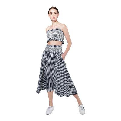 China 2021 Anti-Static 100% Cotton Plaid Smock Wrap Around Strapless Midi Dress Ladies Beach Dress Bohemian Free Size Set Two Piece Chic Women for sale