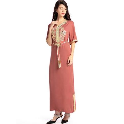 China Fashionable National Dress Plus Size Dubai Islamic Flower Turkey Abaya Ladies Brown Muslim Women Maxis Evening Dress Formal Dresses For Muslims for sale