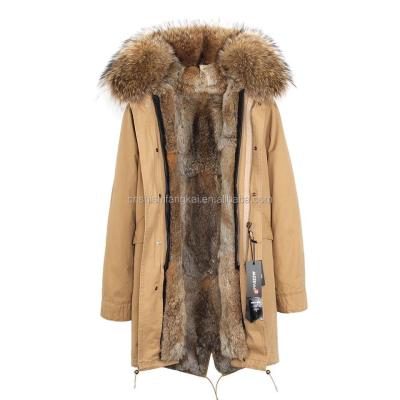 China Fashion Large Raccoon Women's Army Anti-Shrink Fur Hooded Coat Green Parkas Outwear Long Natural Rabbit Fur Striped Winter Jacket In Stock for sale