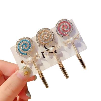 China Top Cute Sweet Girl Hairpin Decoration Rhinestone Lollipop Hairpin Clip Korean Crystal Bangs Clip Side Clip Headdress for sale