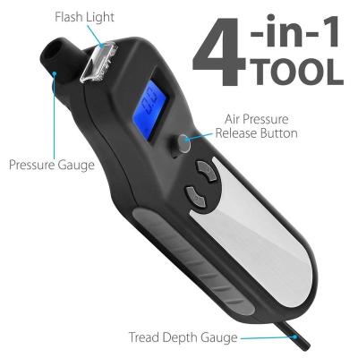 China Tire Pressure Gauge 4 in 1 Tire Pressure Monitoring Digital Tire Air Pressure Gauge Tire Groove Depth Gauge Led Light Deflation Valve for sale