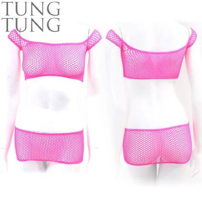 China Sexy Two Piece Hot Pink Mesh Net Top And Skirt Lovely Girl Bra And Sexy Panty Set for sale