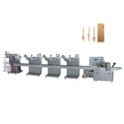 China Full Automatic Wood Spoon Fork Knife Napkin Packing Line Products Disposable Wood Cutlery Packing Machine for sale