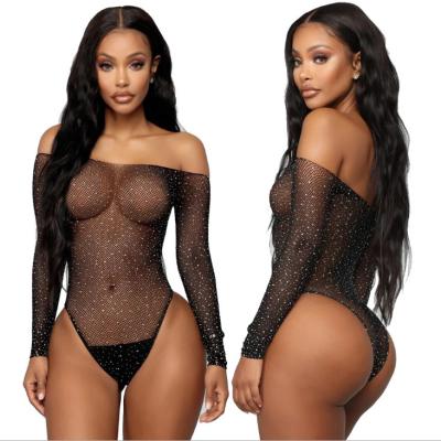 China Hot 100% Polyester Diamonds Sexy Lingerie Net Body Stocking Transparent Long Sleeve Sexy Underwear Ladies Off The Shoulder Bodycon for sale