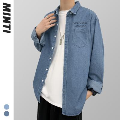 China Low MOQ White Logo Low MOQ Anti-pilling Adult Men's Blue Jeans Denim Shirts Custom Wholesale Custom American Clothing Long Sleeve for sale