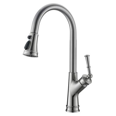 China Best Modern Single Hole Brass Pull Out Brushed Nickel Kitchen Faucet for sale