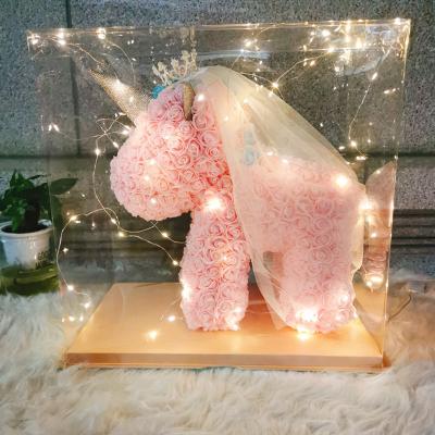 China Handmade Gifts Factory Preserved Flower Unicorn Valentine's Day Gift Pe Foam Rose Flower Bear Unicorn for sale