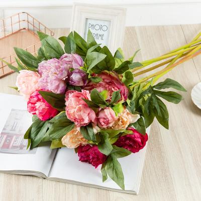 China European Style 3 Heads Fashional Artificial Flowers Western Roses Wedding Hall Living Room Floor Decoration Silk Fabric Flower Simulation Flower Peony Fake for sale