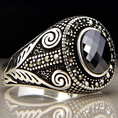 China CLASSIC antique silver black stone ring for men jewelry wholesale black zircon ring jewelry for sale