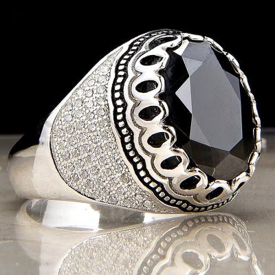 China Classic Big Zircon Ring CLASSIC Design Black Stone Big Ring Islam Rhodium Plated 925 Sterling Silver Wholesale for sale