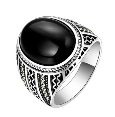 China CLASSIC Simple Silver Color Ring For Men Black Agate Stone Finger Ring Designs Jewelry 2019 for sale