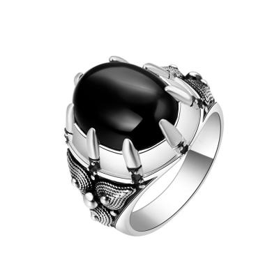 China Big CLASSIC Round Black Agate Stone 925 Sterling Silver Ring For Men Wholesale for sale