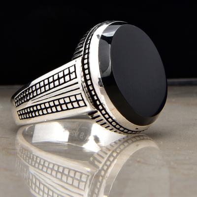 China Trendy New Design Turkish Jewelry 925 Sterling Silver Black Agate Thai Retro Punk Rings For Men for sale