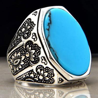 China CLASSIC 925 Sterling Silver Turquoise Stone Men's Rings, Turkish Oxidized Silver Blue Stone Ring For Men's Jewelry Accessories for sale