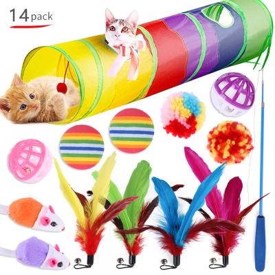 China Viable Set of 14 Cat Toy Assortment, Interactive Pet Toy, Foldable Tunnel Fishing Rod Feather Balls Telescopic Mouse for Cat Puppy Kitty for sale