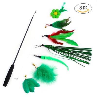 China New viable hot-selling cat toy green 8 packs, fishing rod, funny cat stick, feather, various combination pet toys for small animals for sale