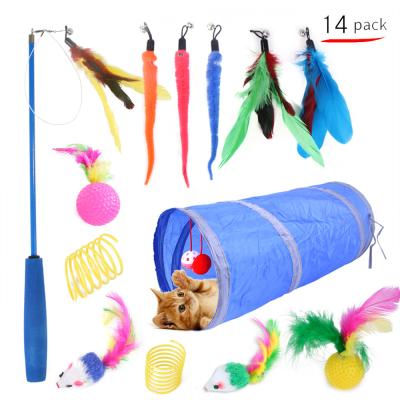 China Viable Cat Toy Assortment 14pcs Set, Interactive Pet Cat Toys, Funny Cat Rod Feather Tunnel Fishing Rod Toy Set for Rabbits Cat Kitten for sale