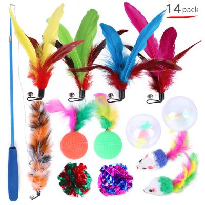 China 14pcs Cat Toys Interactive Toys Includes Viable Funny Fishing Rod Cat Stick Feather Balls For Indoor Cats Kitten Play Chase Exercise for sale