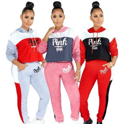 China Breathable Pink 2 Piece Set Women Long Sleeve Casual Pink Hooded Letter Printed Two Piece Set Women Plus Zize Jogging Tracksuits Clothing for sale