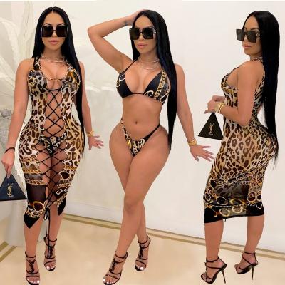 China Latest Design Bikini 2021 Breathable Sexy Leopard Print Three Piece Beach Swimwear Dress Women Bathing Sexy Suits for sale