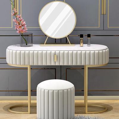 China (Other) Nordic Style Stainless Steel Adjustable Top LED Luxury Marble Light Mirrored Dresser Makeup Dressing Table for sale