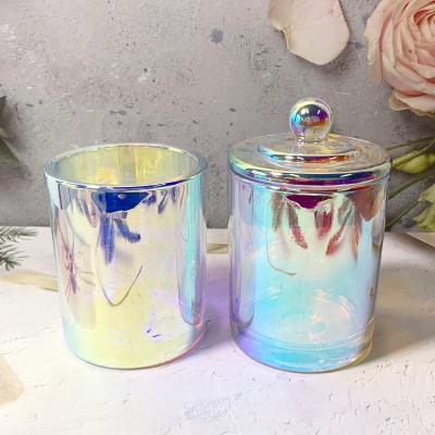 China Home Decoration 400g 14oz Customized Color And Logo Iridescent Glass Jar For Candle Making Aromatherapy Iridescent Candle Jar With Lid for sale