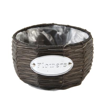 China Direct Selling Wicker Flower Pot Lightweight Black Wicker Rattan Flower Pot With Metal Sign for sale