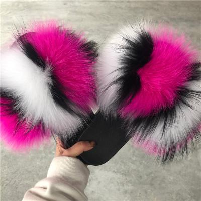 China Fashion Trend Factory Custom Fur Slides For Women Real Big Furry Slippers Flush Soft Slider Sandals Raccoon Fox Fur Outdoor Slipper for sale