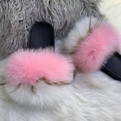 China Custom Made Mix Trendy White Blue Color Pink Slippers Fashion Trend Design PVC Fox Fur Unique Slipper for sale