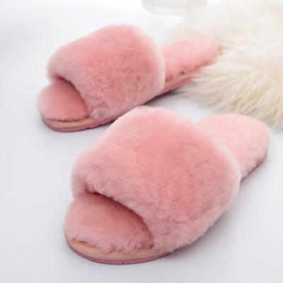 China Indoor Home Fluffy Sheepskin Soft Toe Fur Slides Open Fuzzy Sheep Slippers Real Wool Slippers Fashion Trend Women's Fur for sale