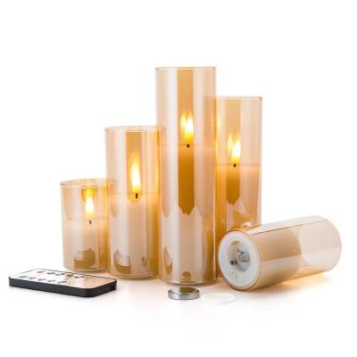 China 3D Real Flame Home Decoration Pillar Remote Control Golden Glass LED Candles for sale